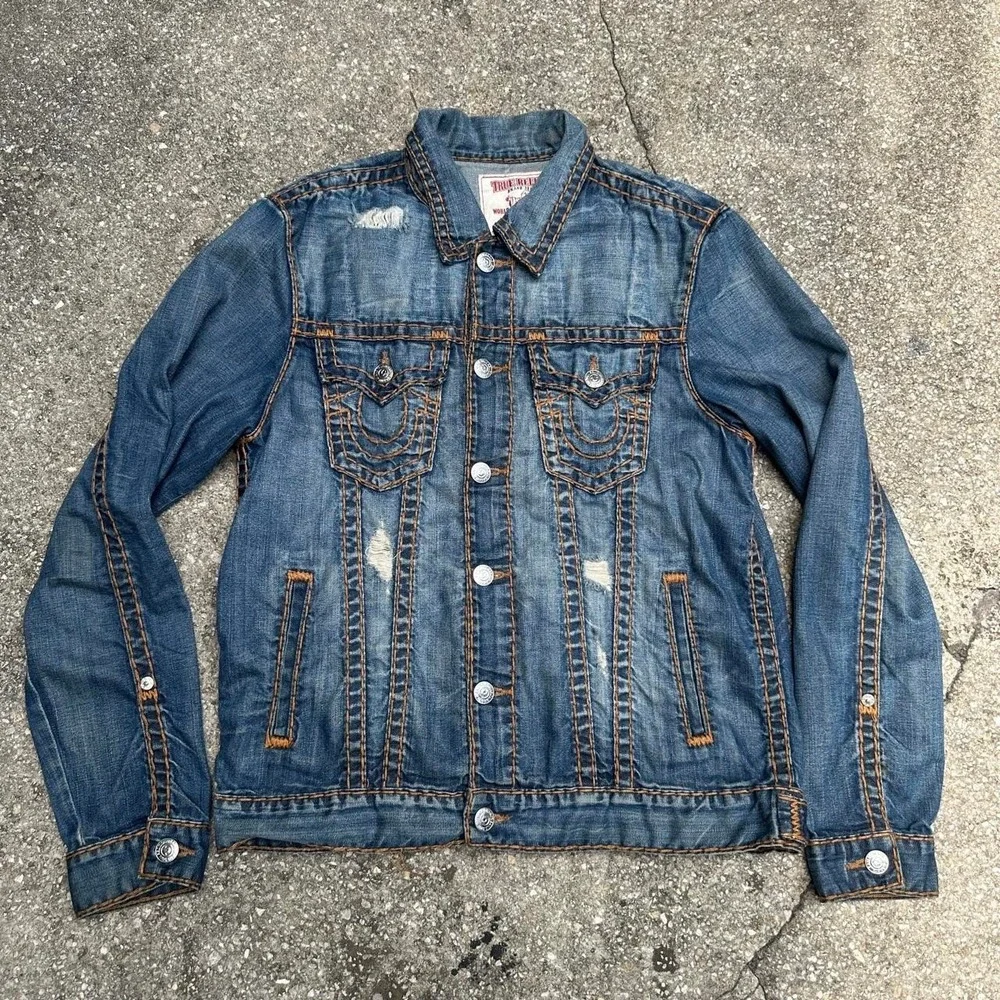 True Religion Jimmy Super T Distressed Denim Trucker Jacket Men's Size Lrg